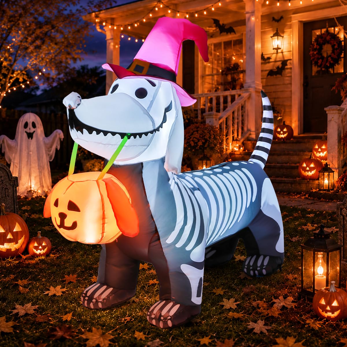 5.5 FT Halloween Inflatable Skeleton Puppy with Build-in LEDs E583