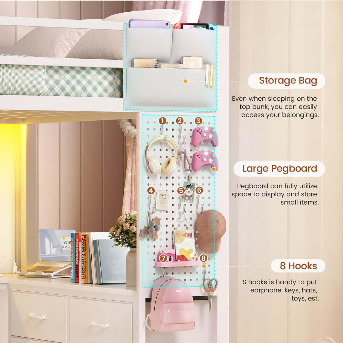 White Twin Loft Bed with L-Shaped Desk and 8 Storage Drawers B16341