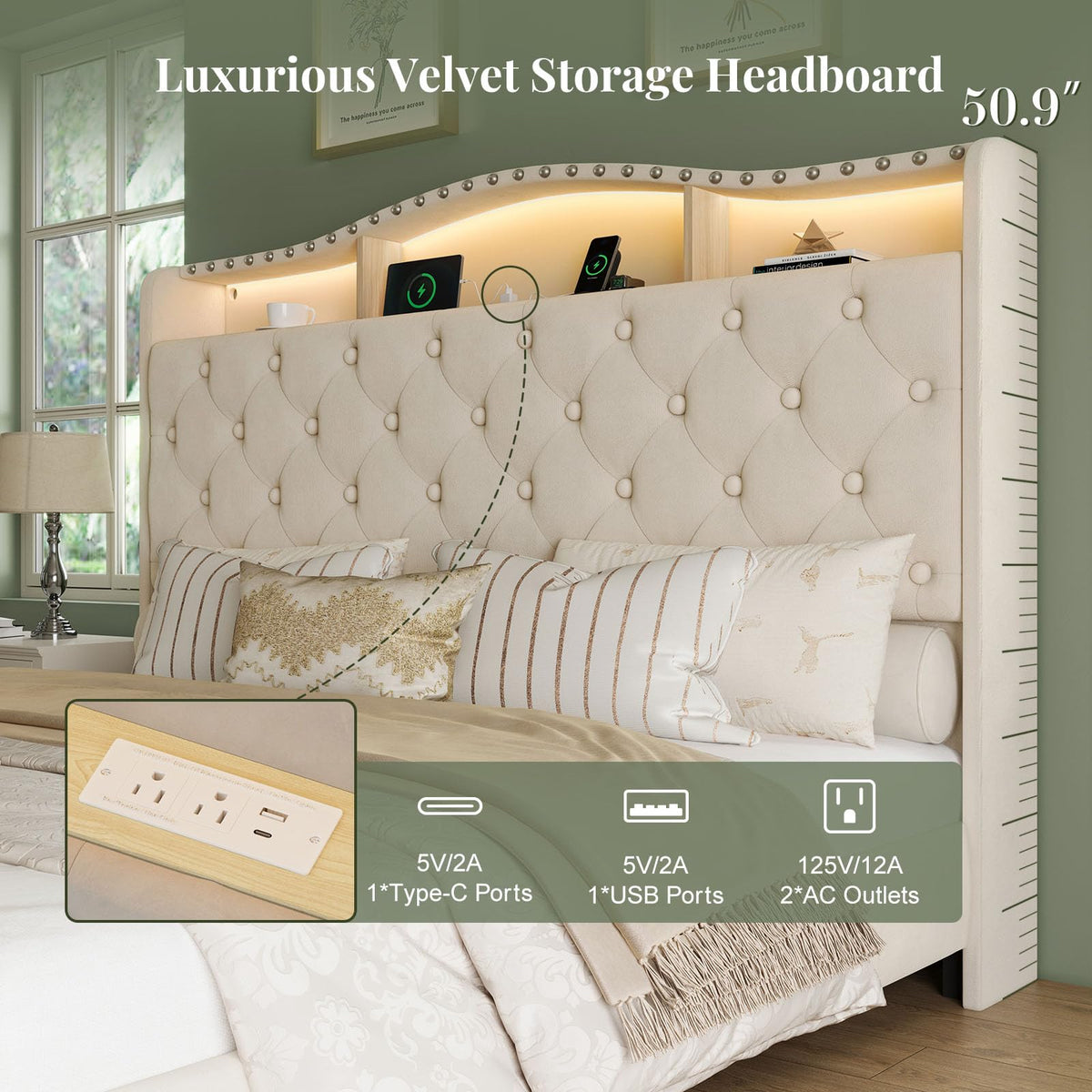 Queen Beige Platform Bed Frame with LED Headboard H5294