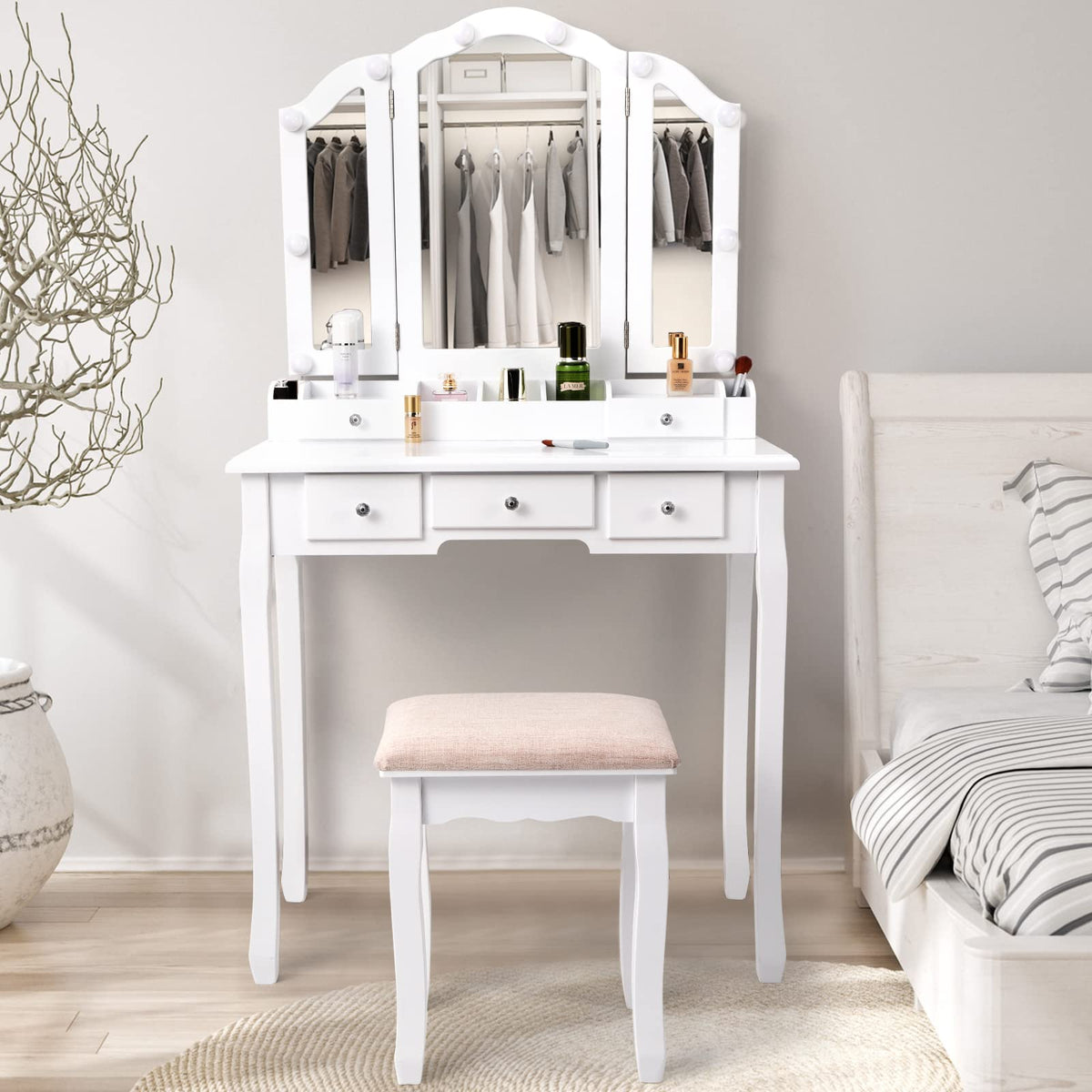 White Makeup Vanity Desk with Mirror and Chair L473