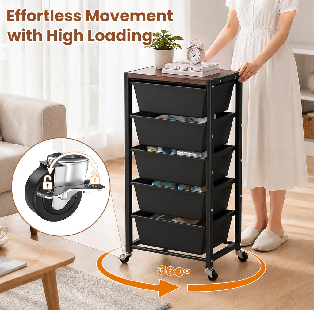 Black 5 Drawer Rolling Storage Cart with Wooden Tabletop A133