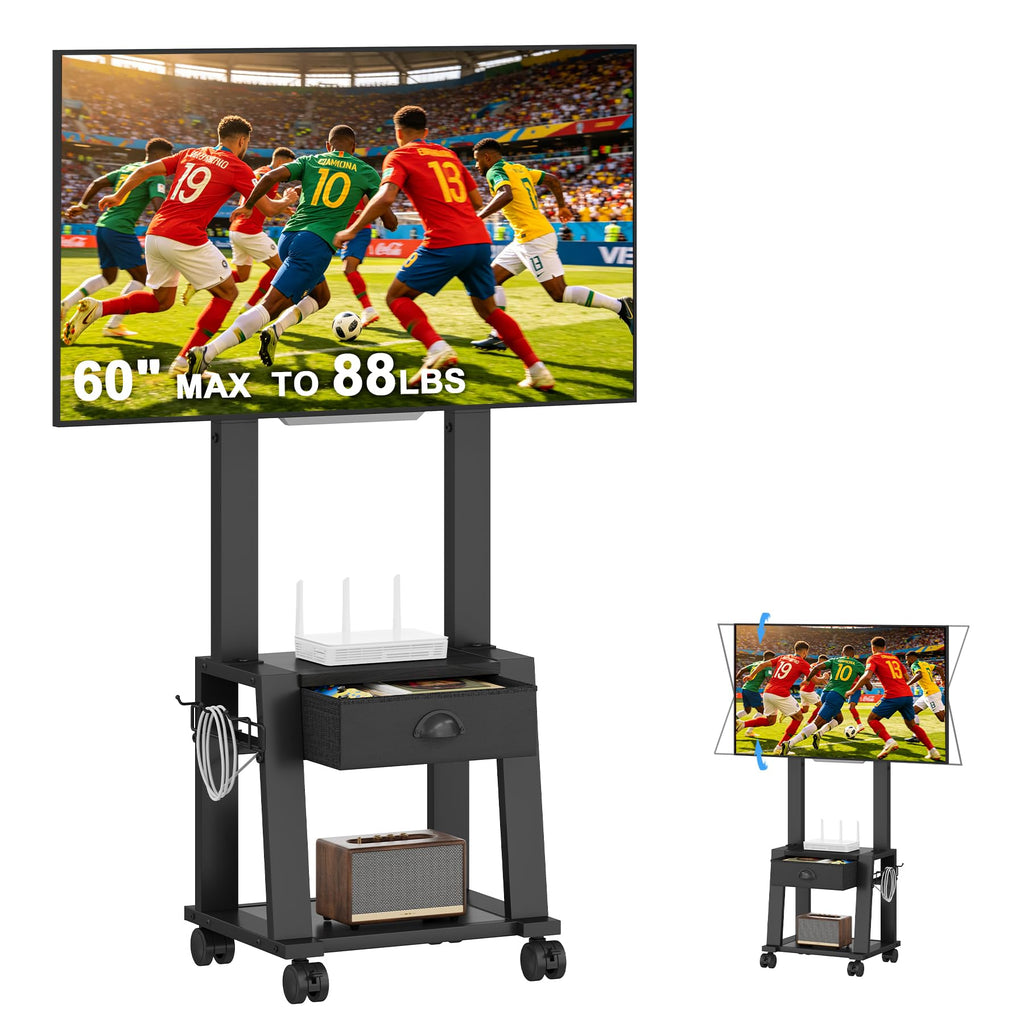 Rolling TV Stand with Storage for 23-60 Inch TVs, Height Adjustable Tilt Mobile TV Mount Cart with Drawer & 2 Shelves M872