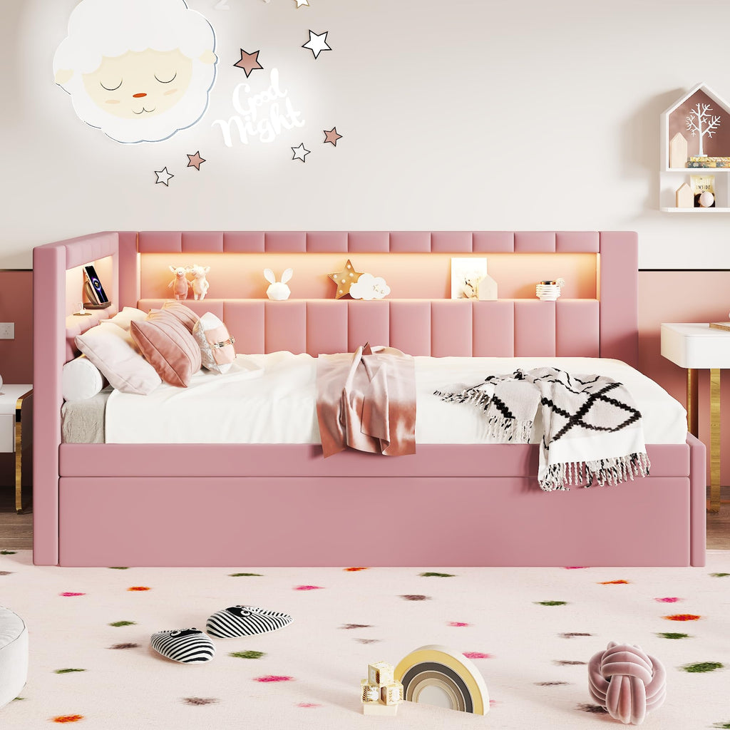 Twin Size Upholstered Platform Bed with Trundle and USB Ports G372225