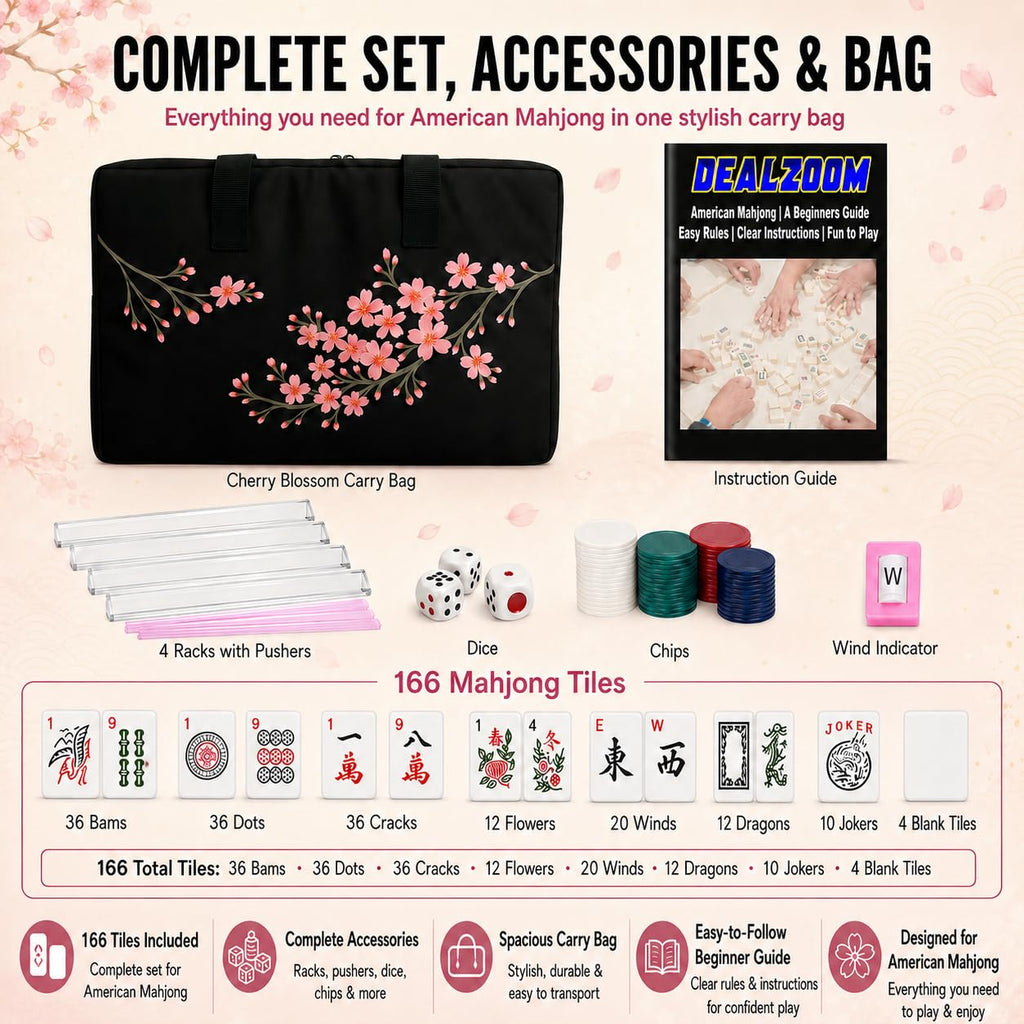 Complete American Mahjong Set with 166 Tiles, Racks, Pushers, Dice, Chips, Instructions & Bag J1532