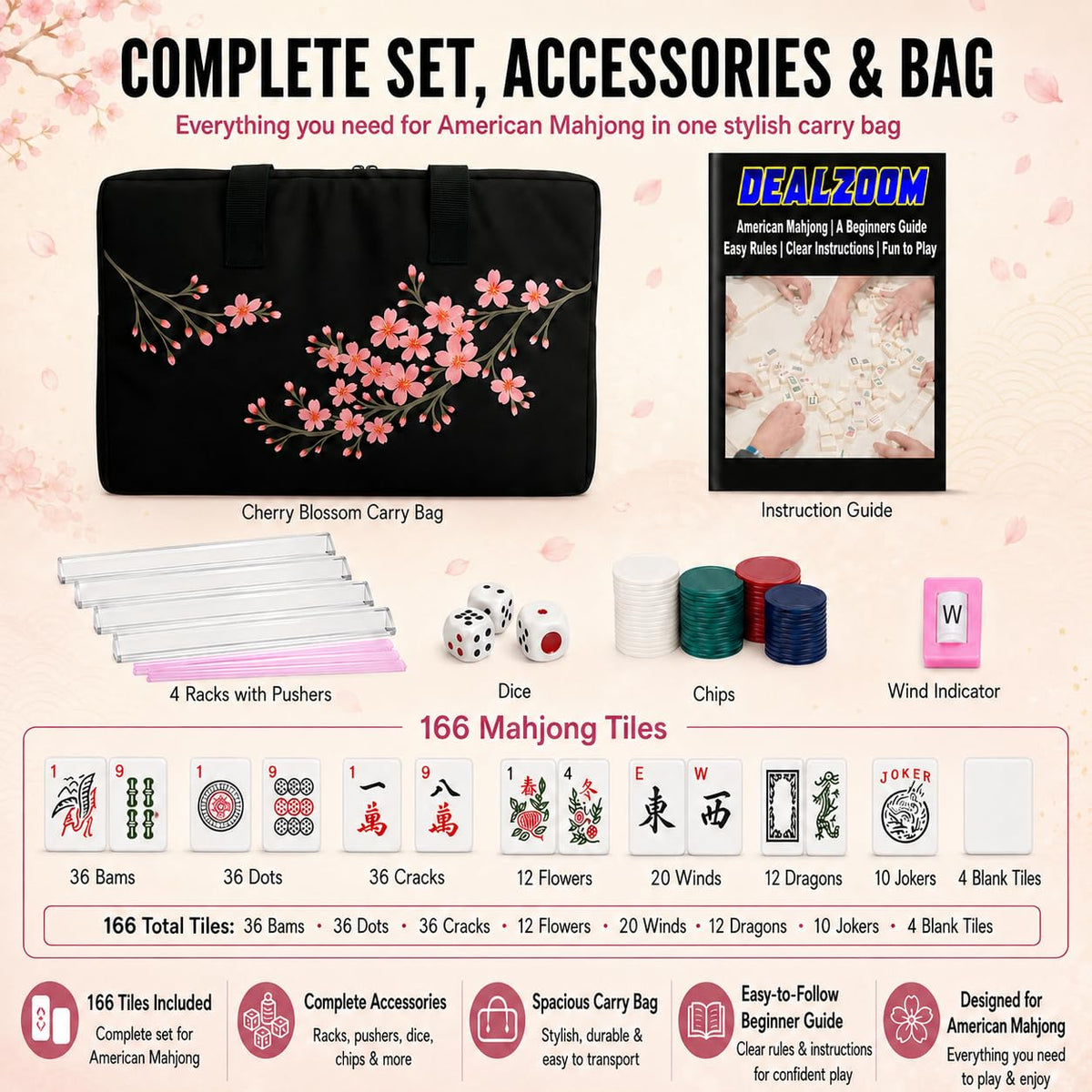 Complete American Mahjong Set with 166 Tiles, Racks, Pushers, Dice, Chips, Instructions & Bag J1532