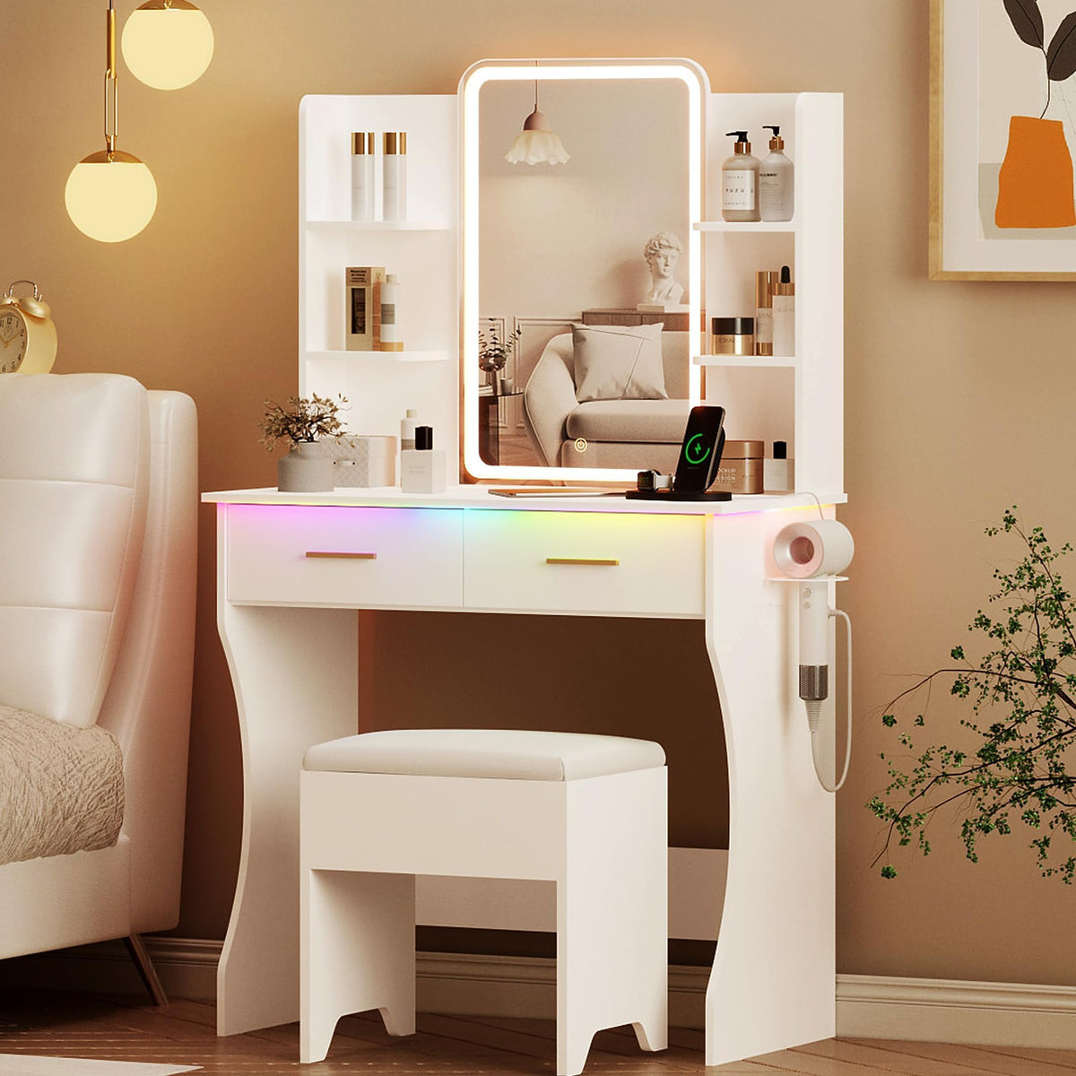 White Vanity Desk with LED Lights Mirror and Chair U853