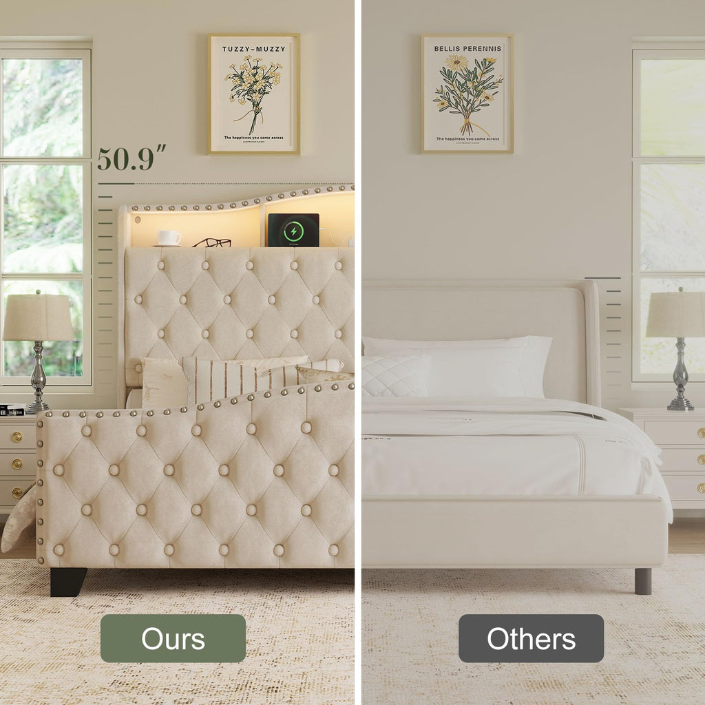 Queen Beige Platform Bed Frame with LED Headboard H5294