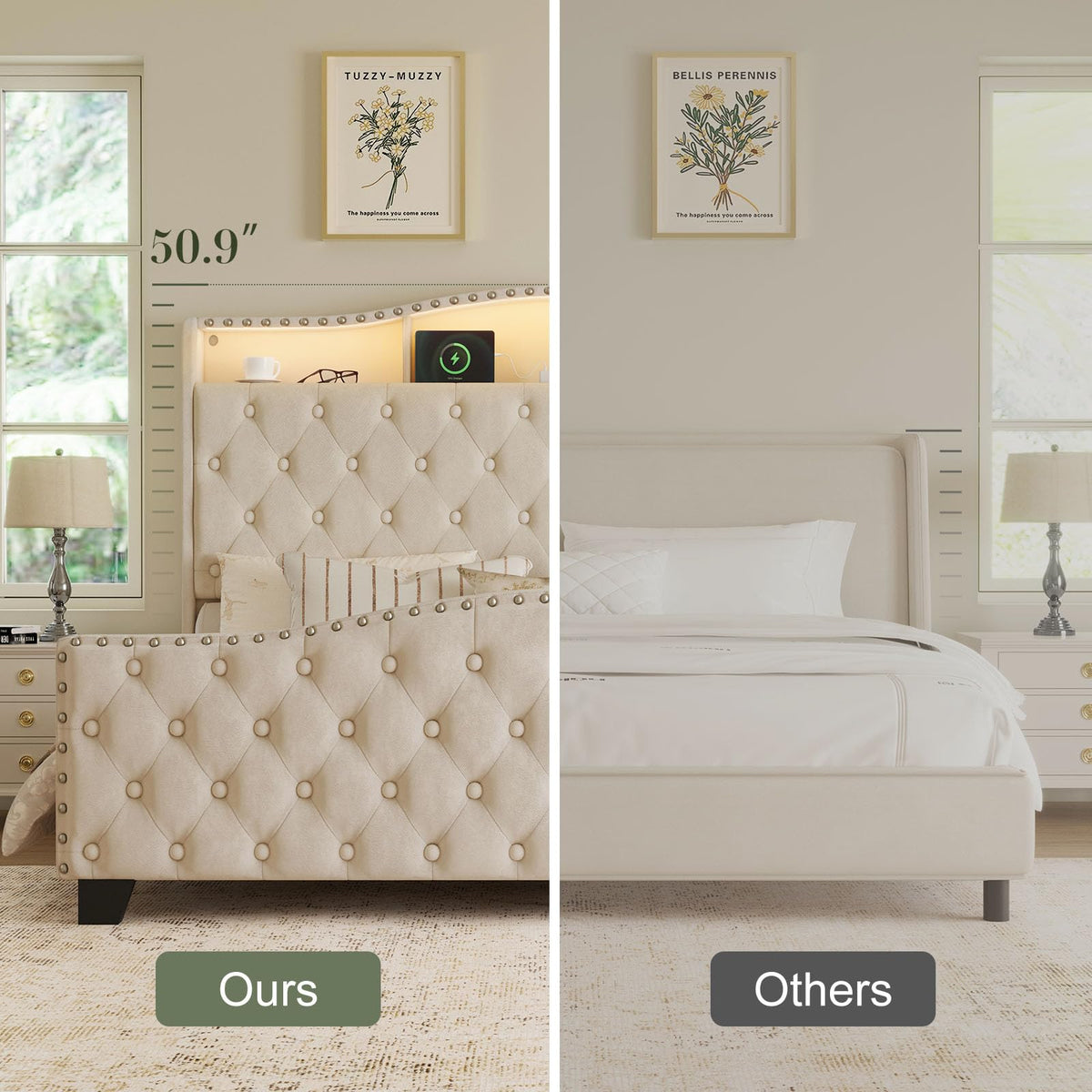 Queen Beige Platform Bed Frame with LED Headboard H5294