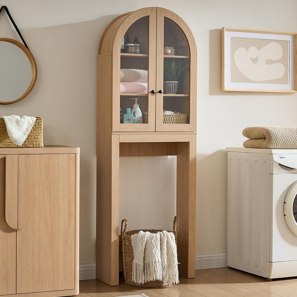 Arched Over The Toilet Storage Cabinet with Glass Doors, Natural Oak T29463
