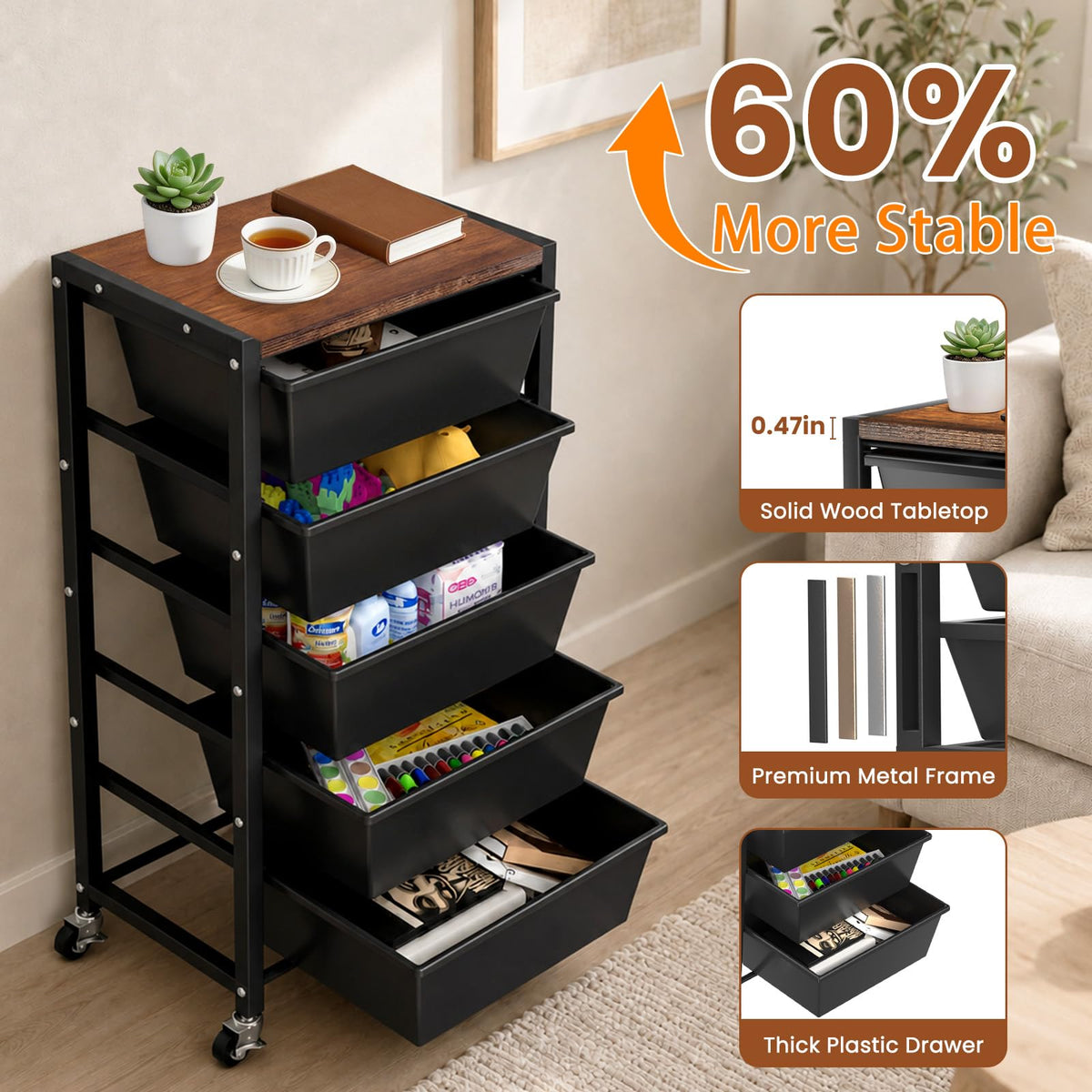 Black 5 Drawer Rolling Storage Cart with Wooden Tabletop A133