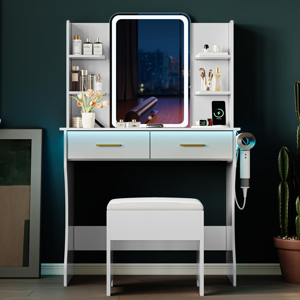 White Vanity Desk with LED Lights Mirror and Chair U853