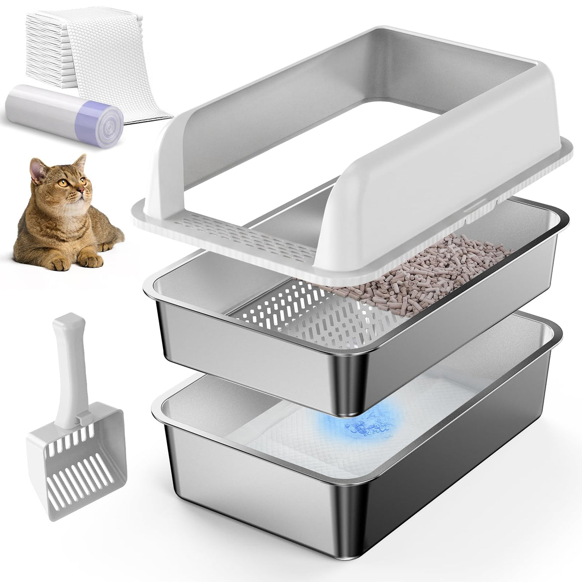 XL Stainless Steel Sifting Litter Box with Lid J281049