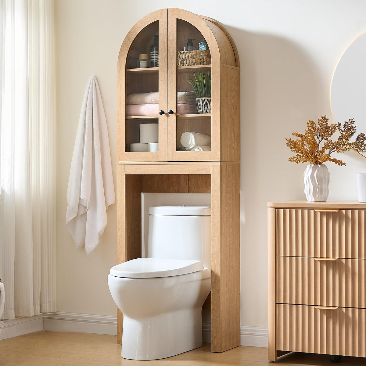 Arched Over The Toilet Storage Cabinet with Glass Doors, Natural Oak T29463