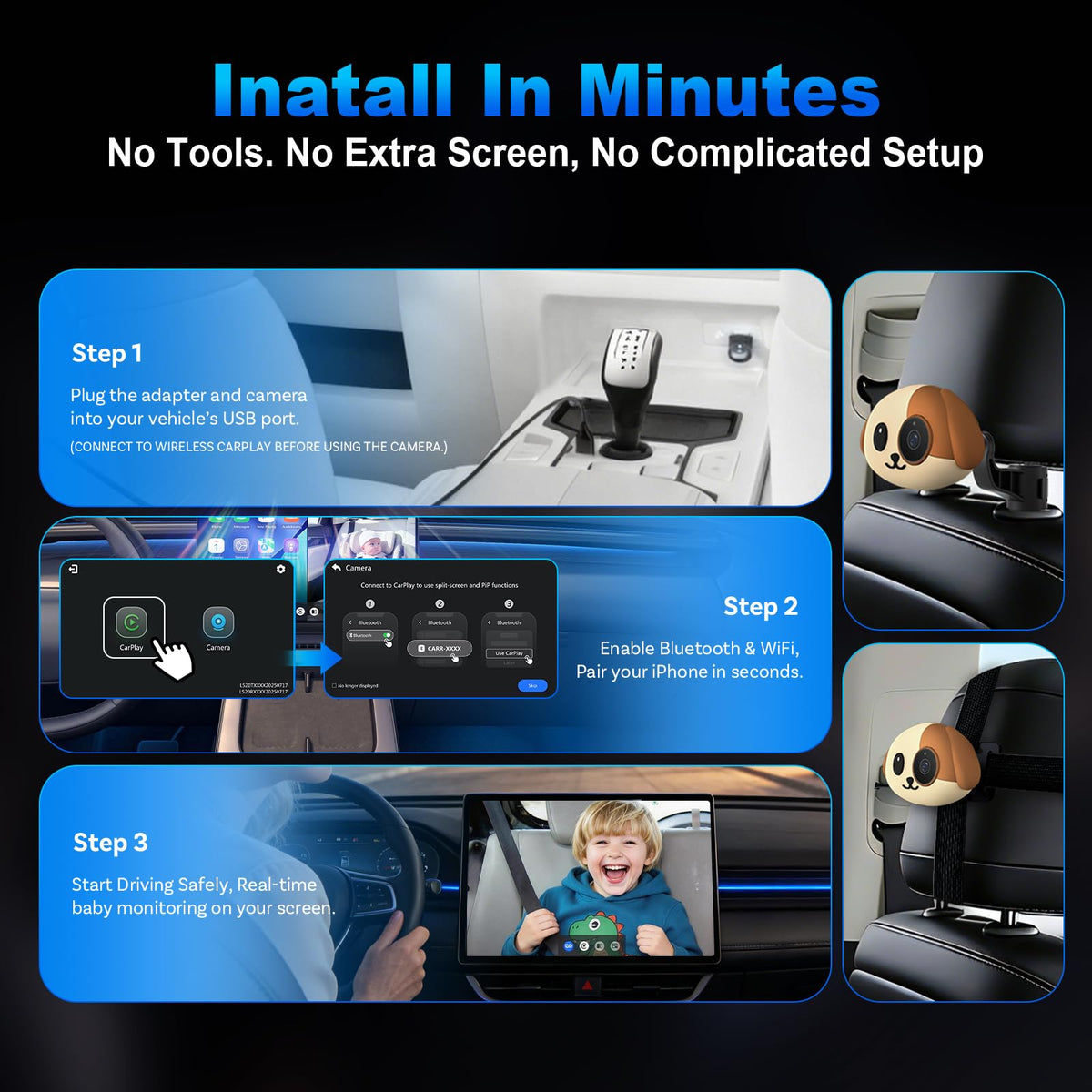 Baby Car Camera with Wireless CarPlay Adapter, 1080P HD, IR Night Vision, 150° Wide-Angle N979442