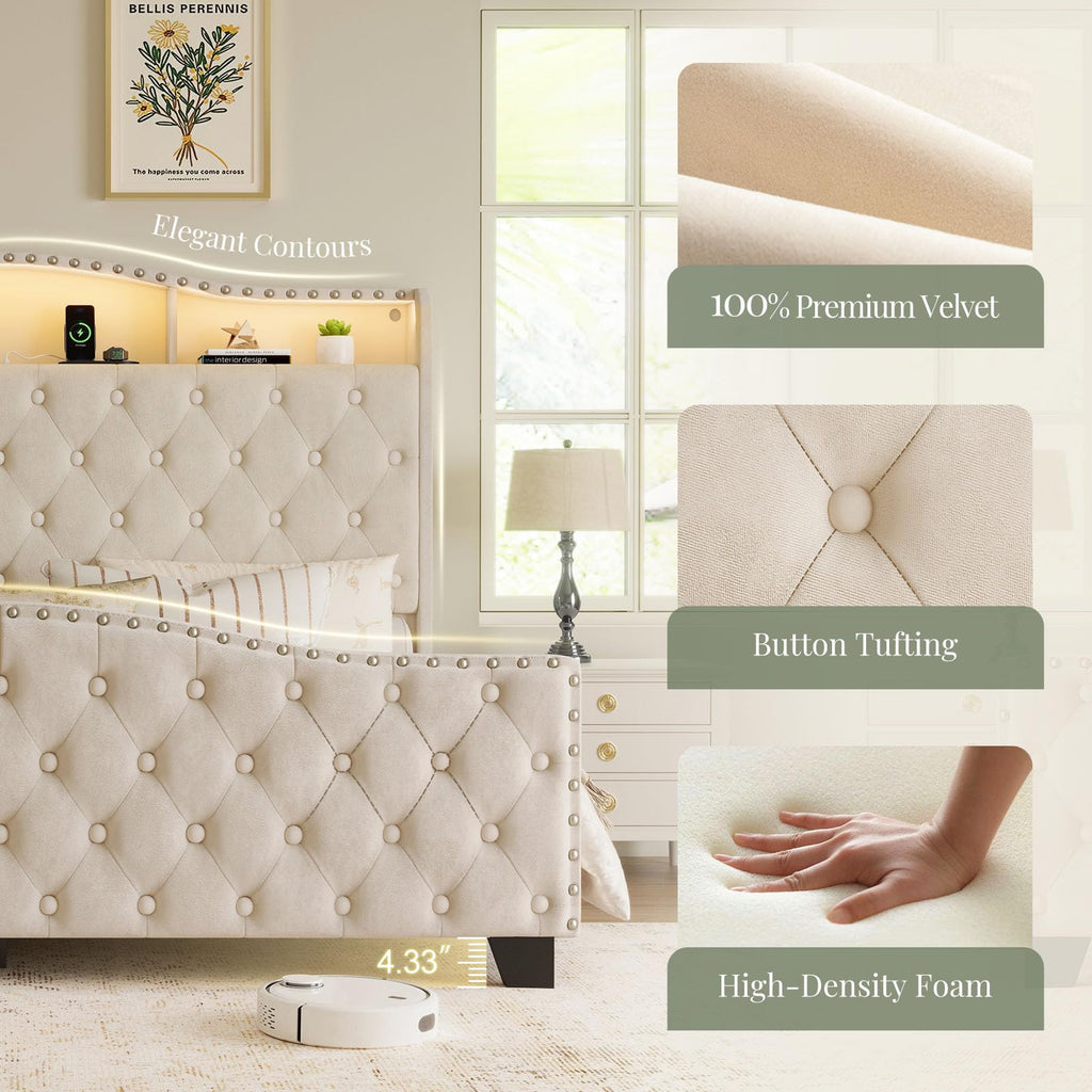 Queen Beige Platform Bed Frame with LED Headboard H5294