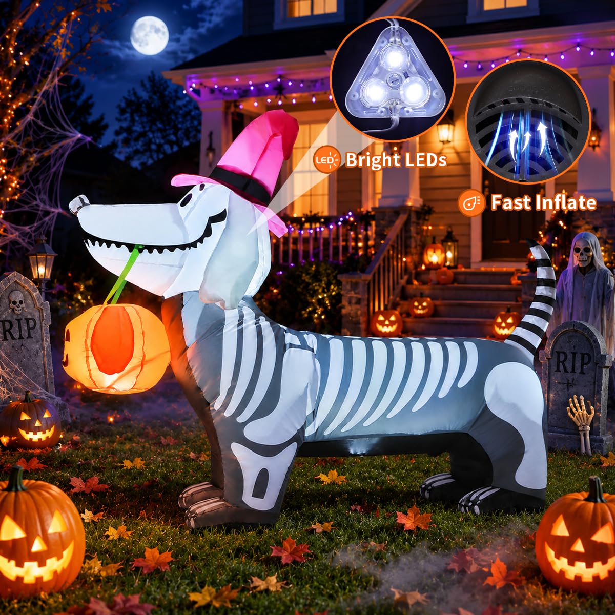 5.5 FT Halloween Inflatable Skeleton Puppy with Build-in LEDs E583