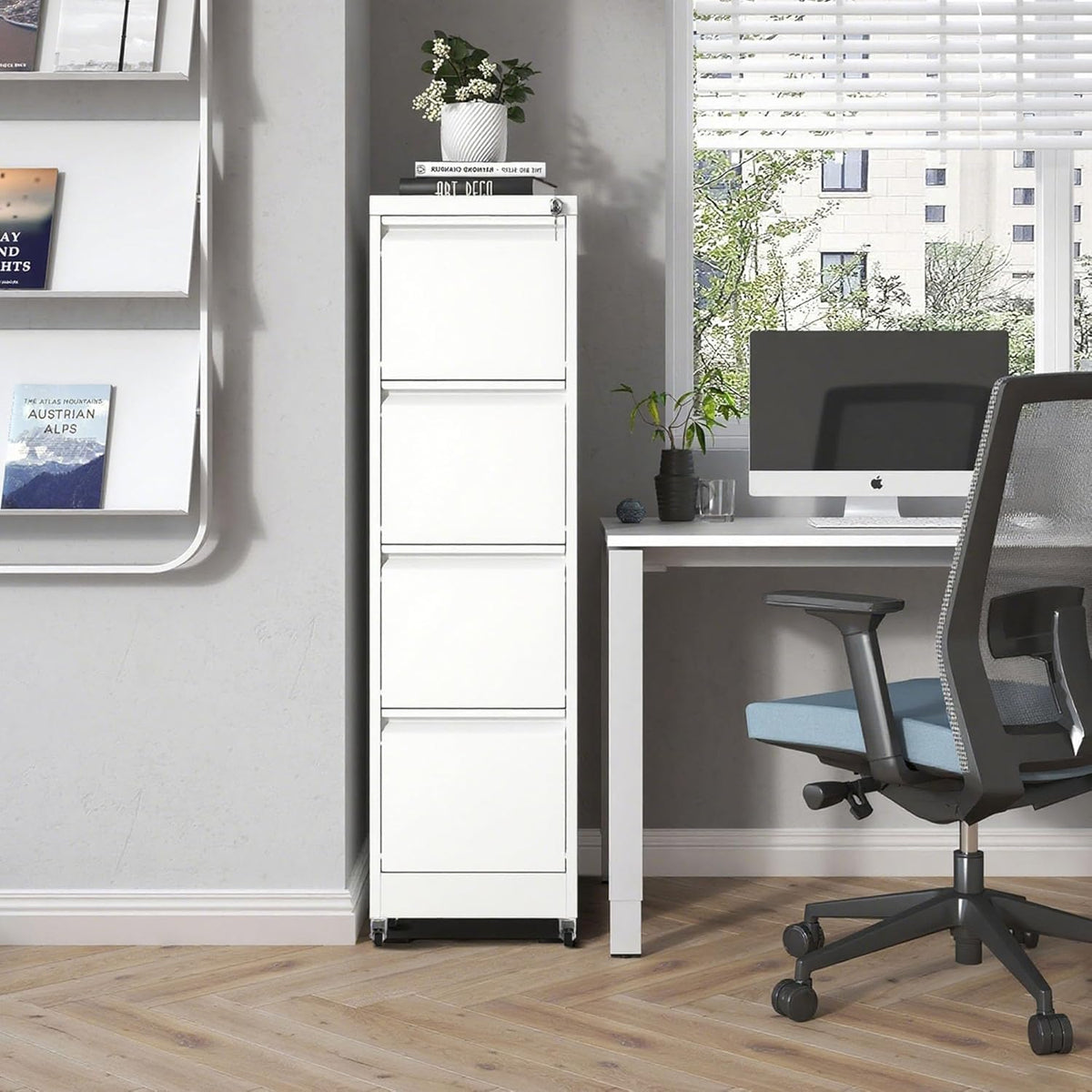 White 4 Drawer Metal File Cabinet with Wheels U66727