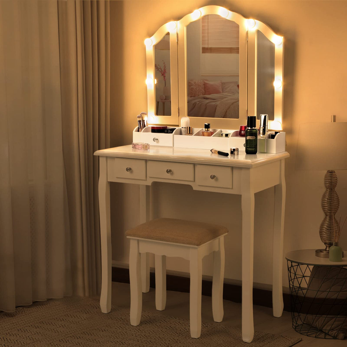 White Makeup Vanity Desk with Mirror and Chair L473