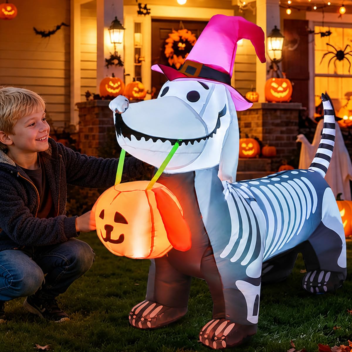 5.5 FT Halloween Inflatable Skeleton Puppy with Build-in LEDs E583