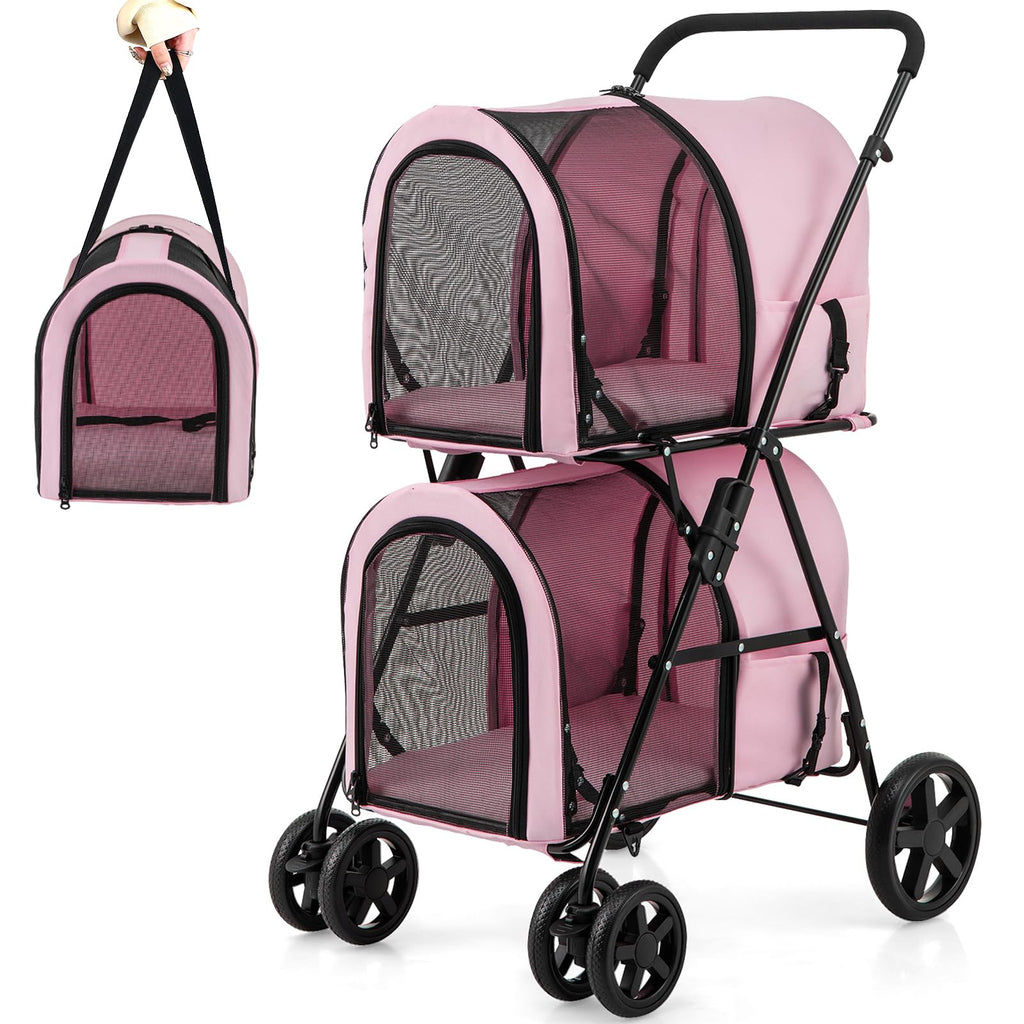 Double Pet Stroller with 2 Detachable Carrier Bags Pink U94500