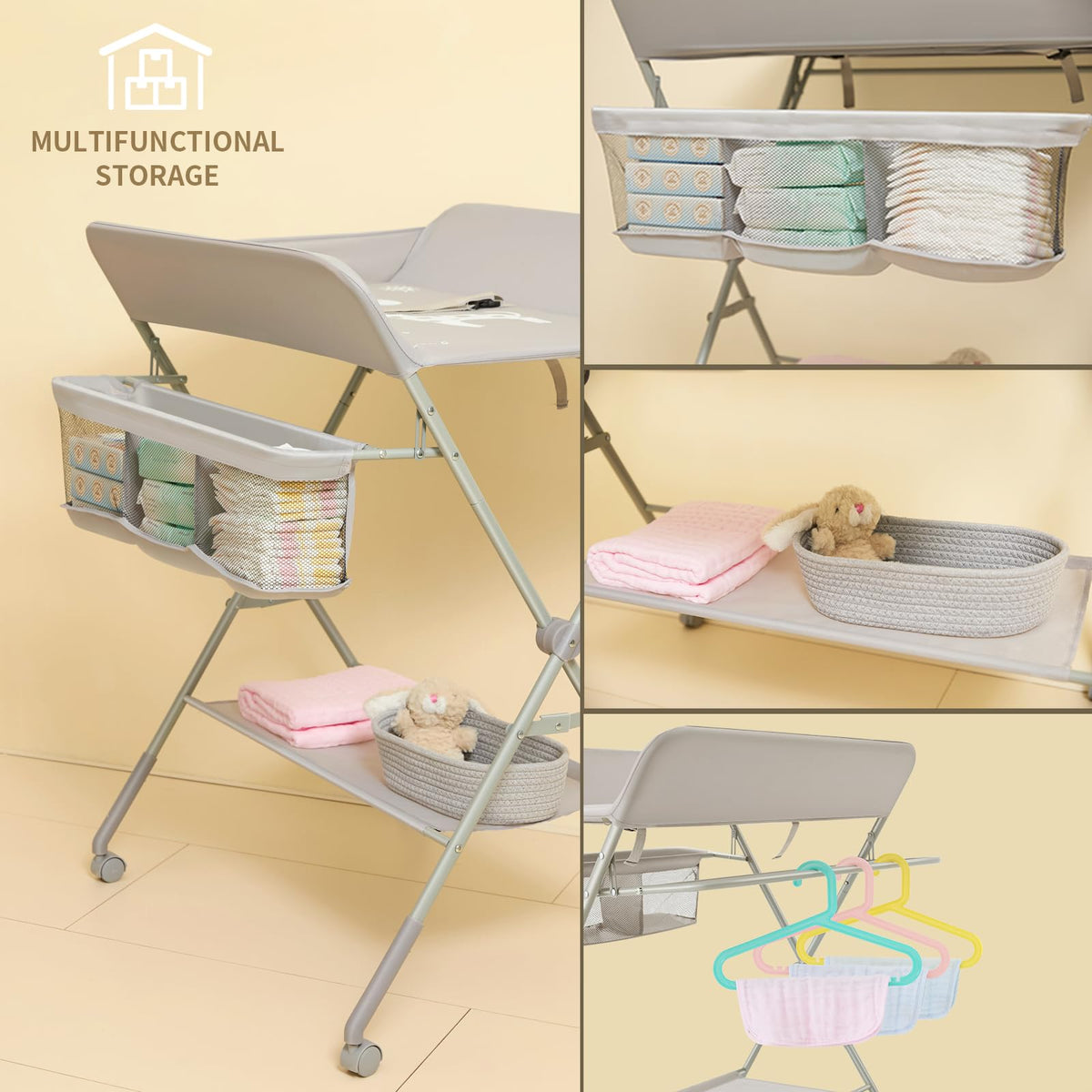 Baby Changing Table with Wheels, Portable Diaper Changing Station with 4-Level Height Adjustment J92860