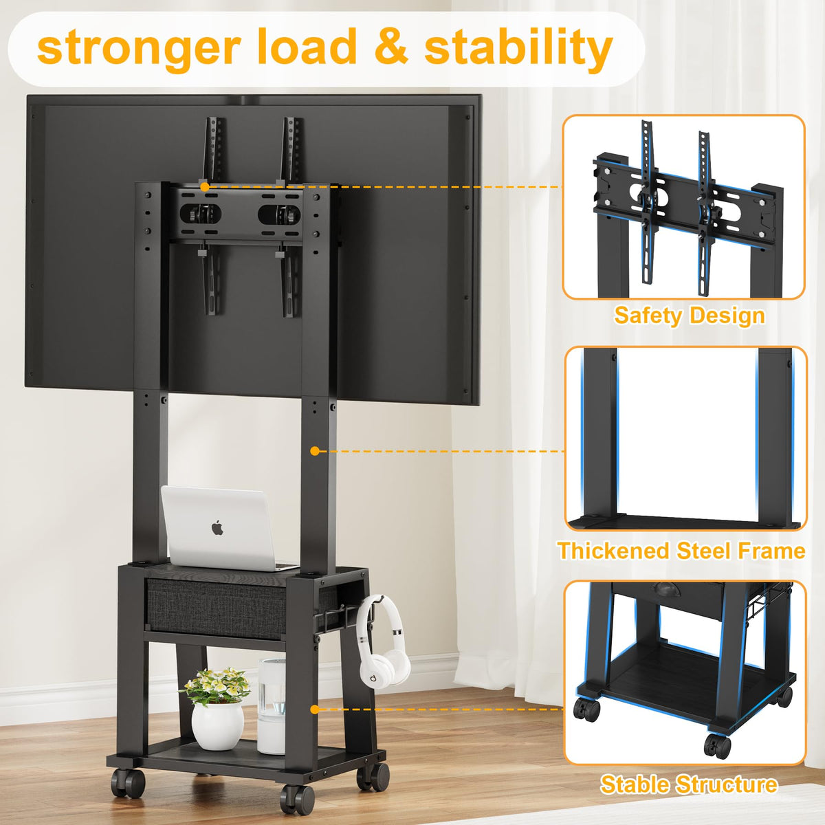 Rolling TV Stand with Storage for 23-60 Inch TVs, Height Adjustable Tilt Mobile TV Mount Cart with Drawer & 2 Shelves M872