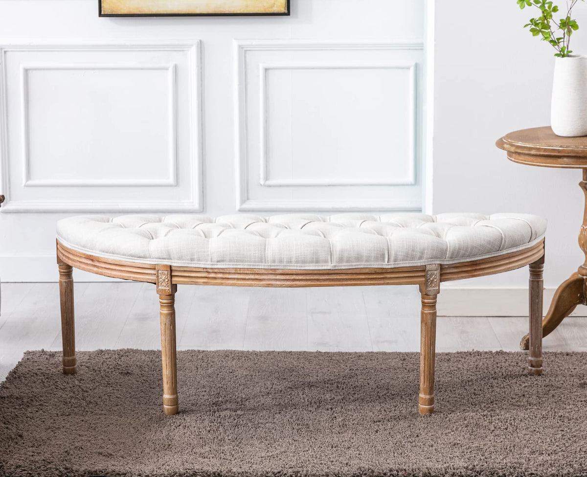 55" Upholstered Tufted Fabric Bench with Rubber Wood Legs, Beige A776250