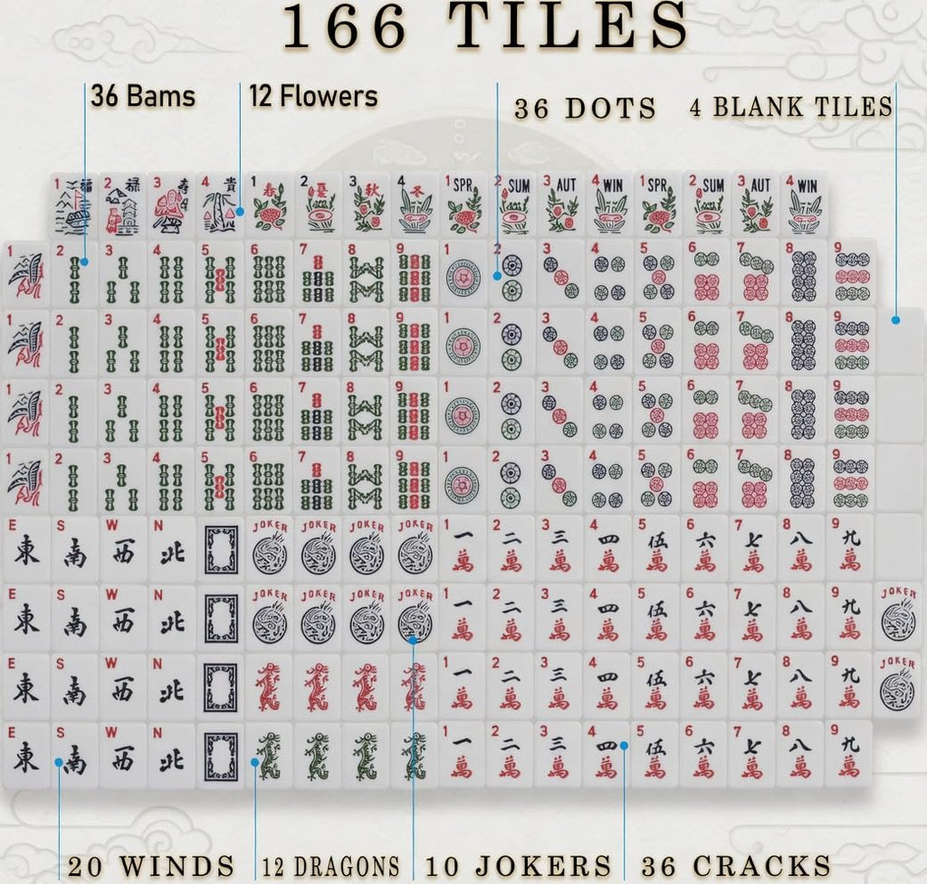 Complete American Mahjong Set with 166 Tiles, Racks, Pushers, Dice, Chips, Instructions & Bag J1532