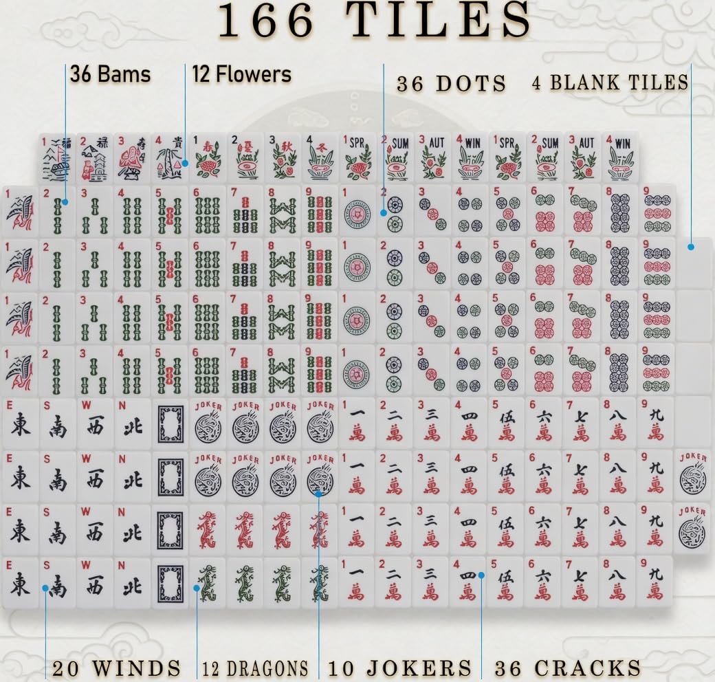 Complete American Mahjong Set with 166 Tiles, Racks, Pushers, Dice, Chips, Instructions & Bag J1532