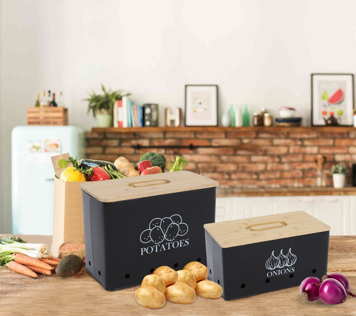 Vented Metal Vegetable Storage Bin Set of 2 with Wooden Lids X1733