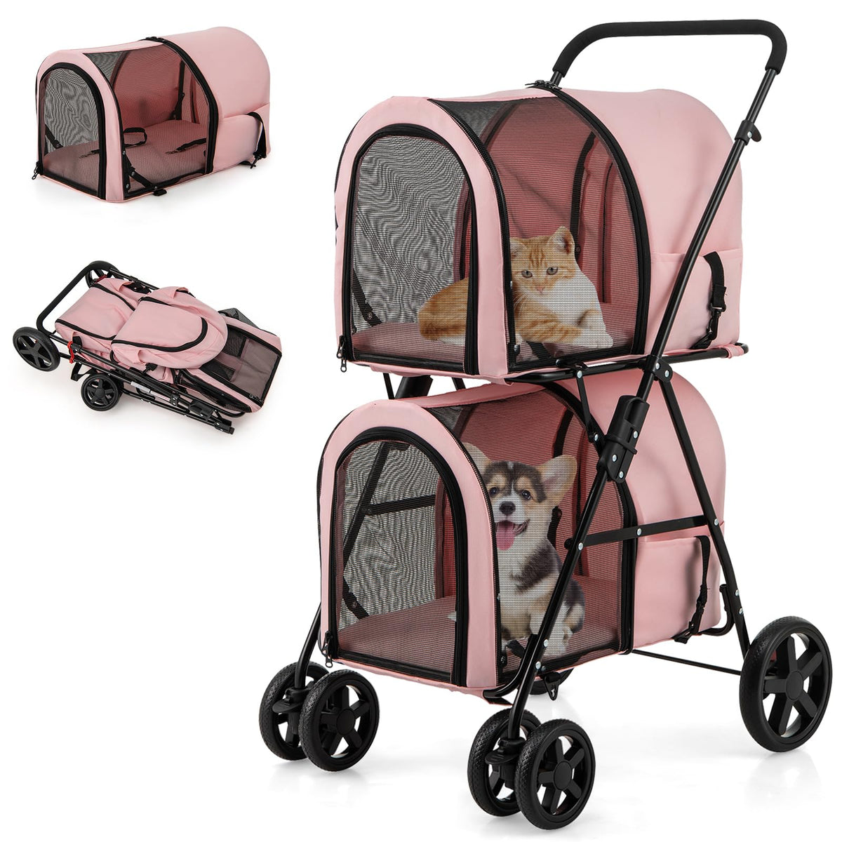Double Pet Stroller with 2 Detachable Carrier Bags Pink U94500