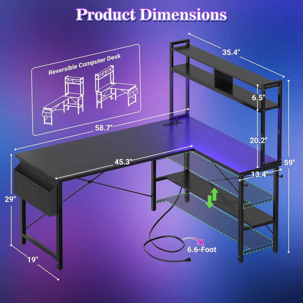 59" L Shaped Desk with LED Light & Power Outlet U12098