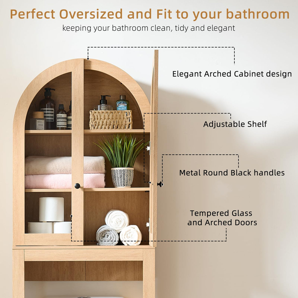 Arched Over The Toilet Storage Cabinet with Glass Doors, Natural Oak T29463
