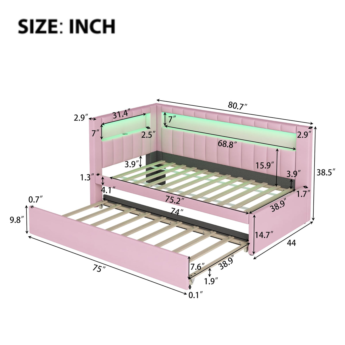 Twin Size Upholstered Platform Bed with Trundle and USB Ports G372225
