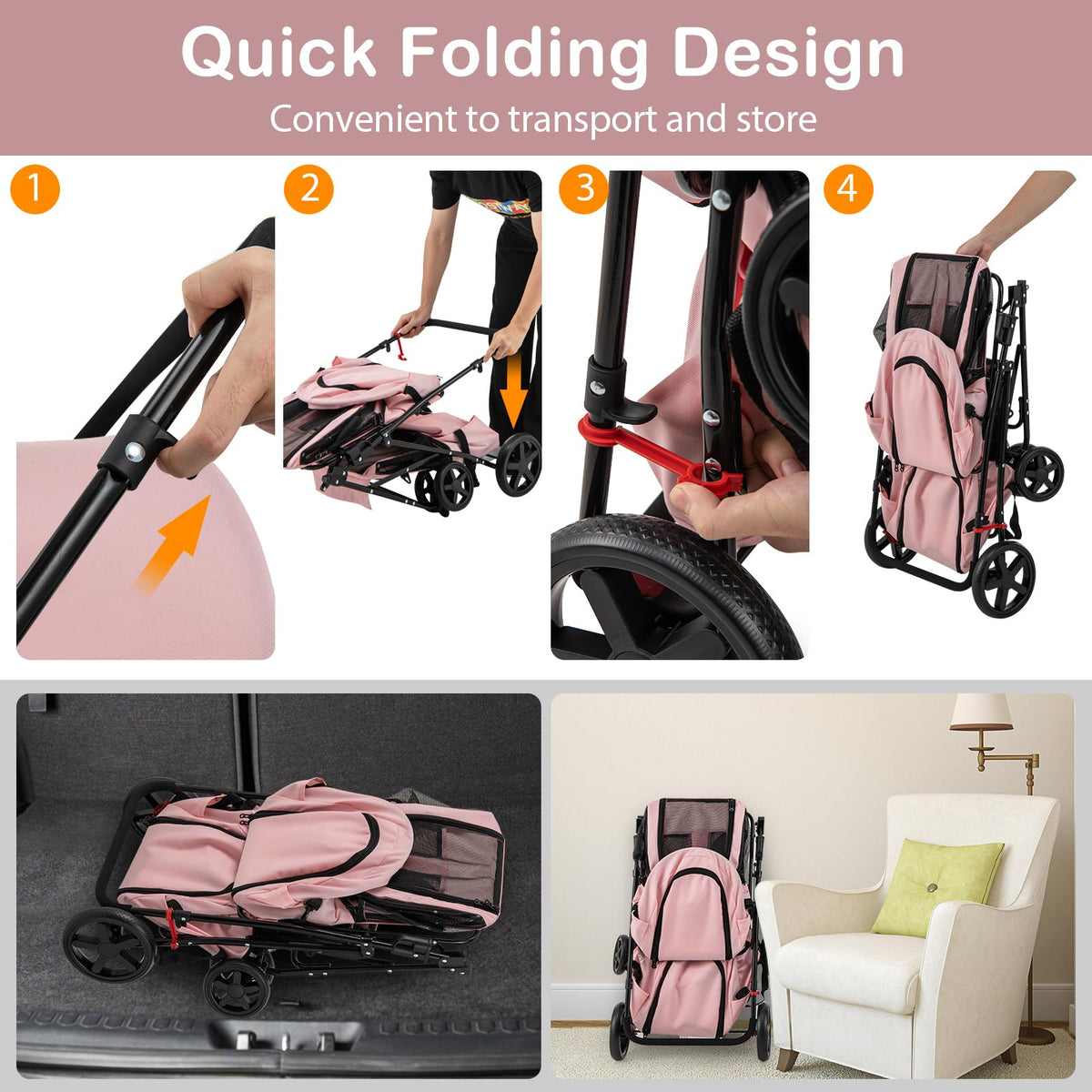 Double Pet Stroller with 2 Detachable Carrier Bags Pink U94500