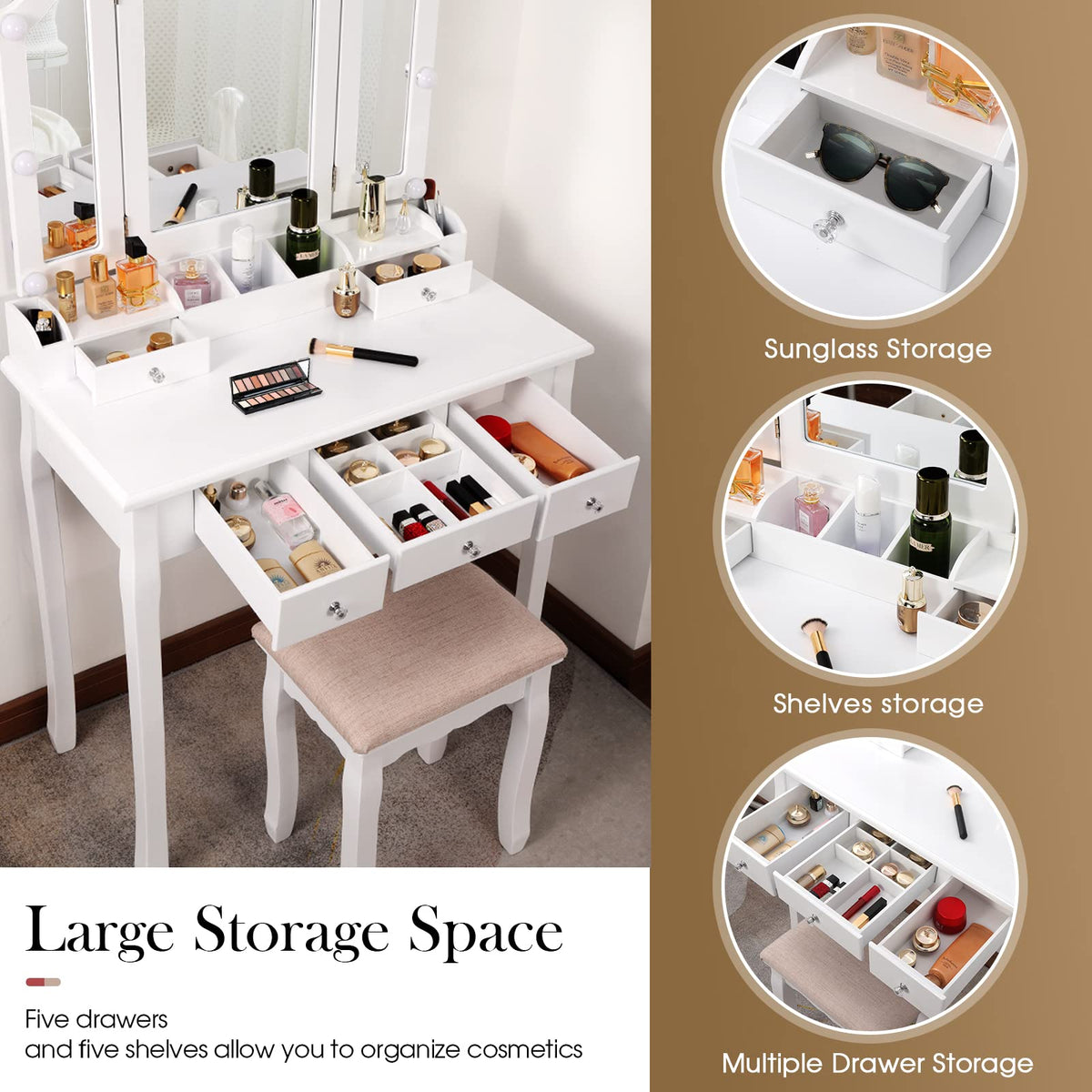 White Makeup Vanity Desk with Mirror and Chair L473