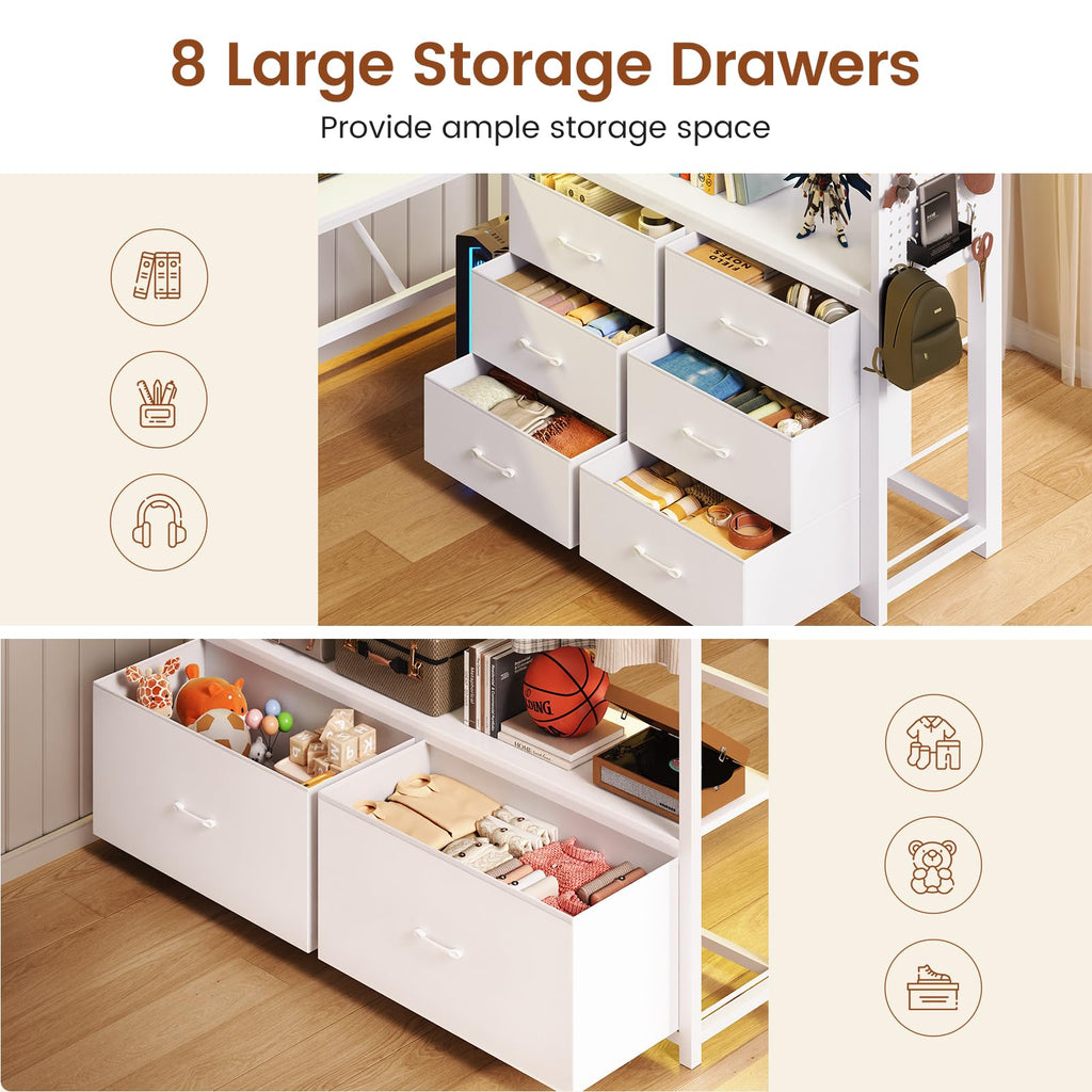White Twin Loft Bed with L-Shaped Desk and 8 Storage Drawers B16341