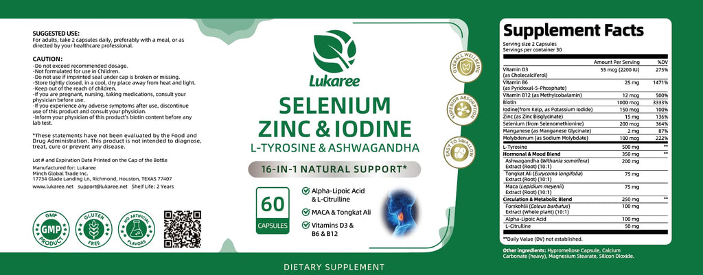 Selenium with Iodine, Zinc L-Tyrosine 500mg, Ashwagandha, 16-in-1 Multivitamin Formula, 90 Capsules W758346