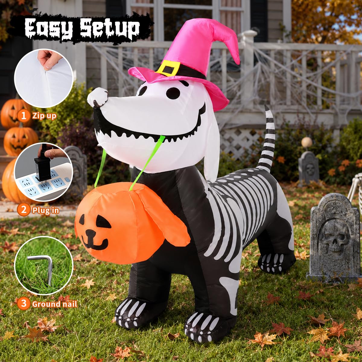 5.5 FT Halloween Inflatable Skeleton Puppy with Build-in LEDs E583