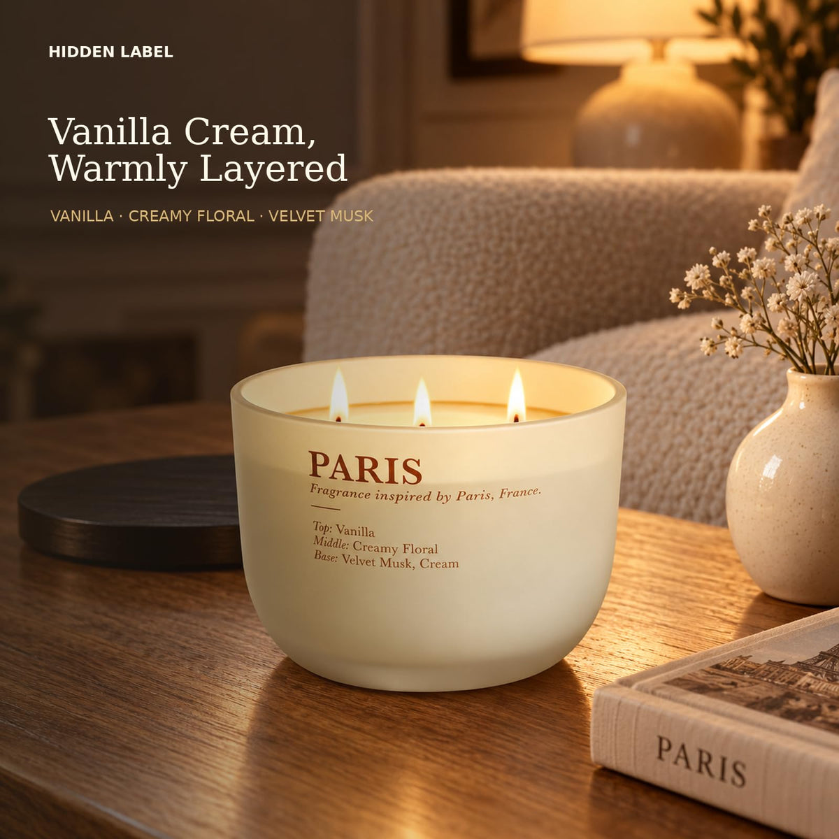 Vanilla Cream Scented Candle, 16 oz, 3-Wick Soy Wax D946