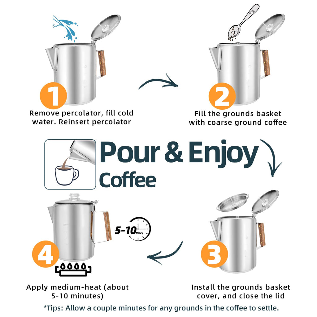 12 Cup Stainless Steel Camping Percolator Coffee Pot L519