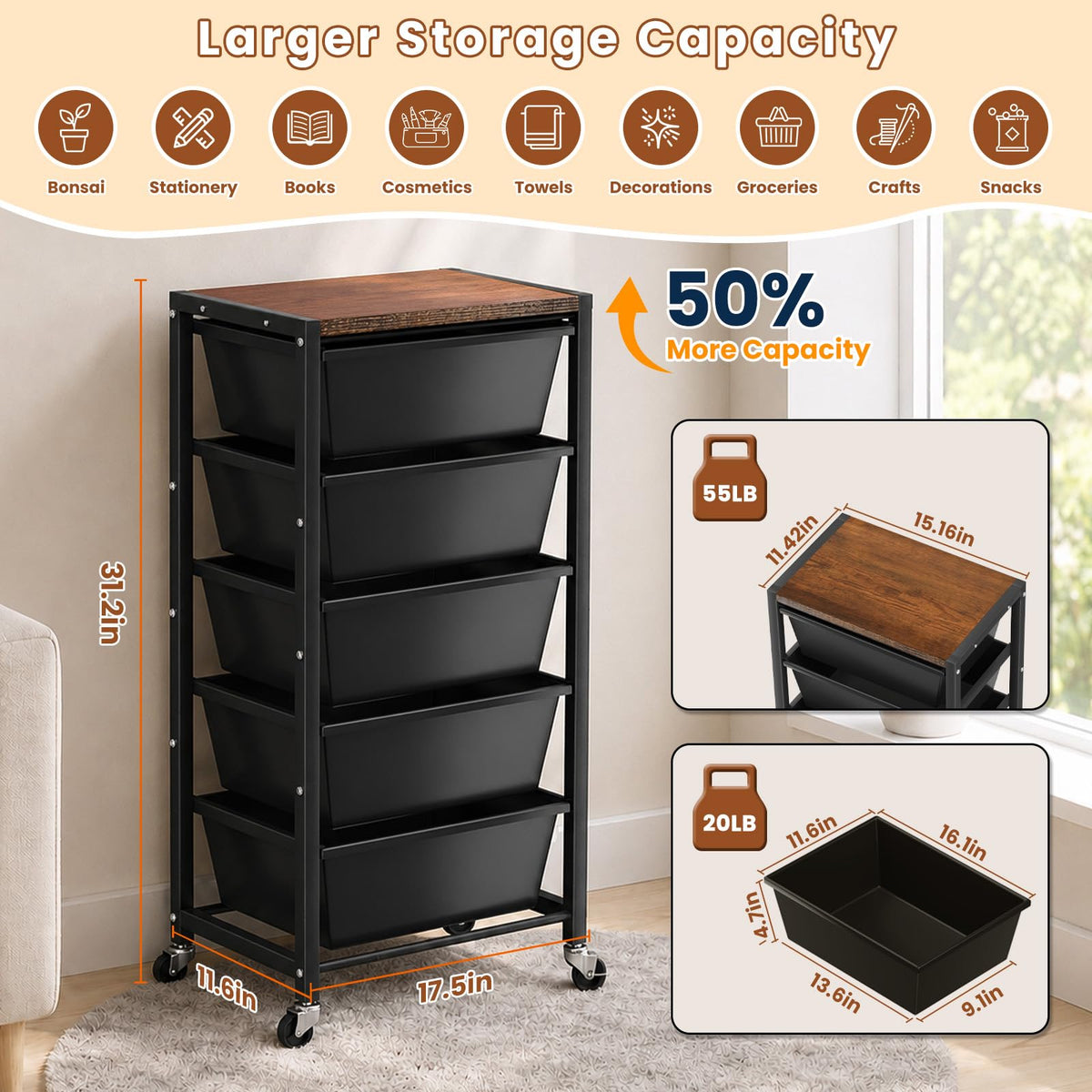 Black 5 Drawer Rolling Storage Cart with Wooden Tabletop A133