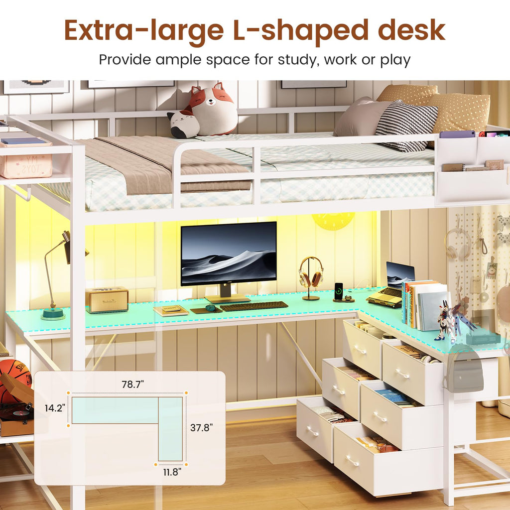 White Twin Loft Bed with L-Shaped Desk and 8 Storage Drawers B16341