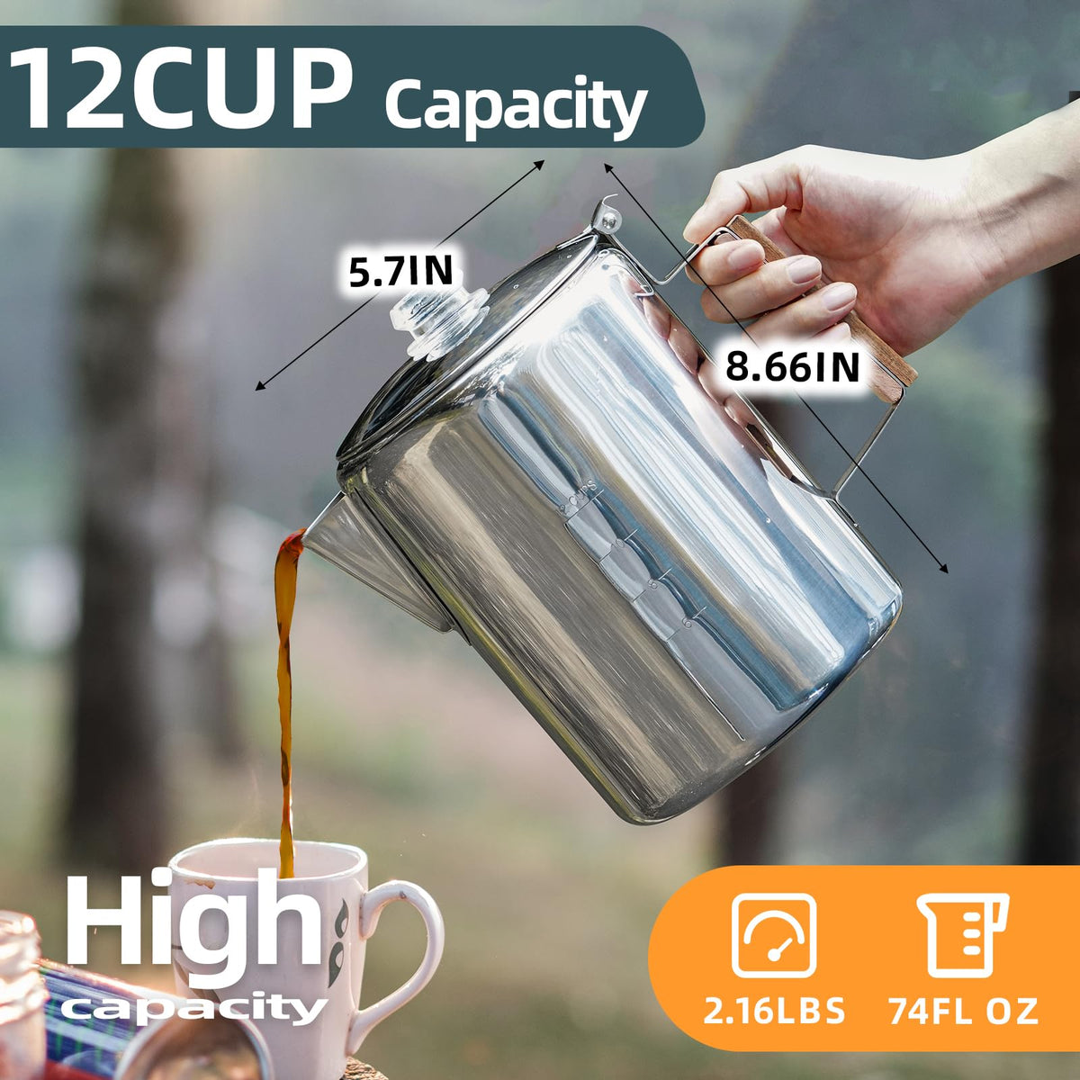 12 Cup Stainless Steel Camping Percolator Coffee Pot L519