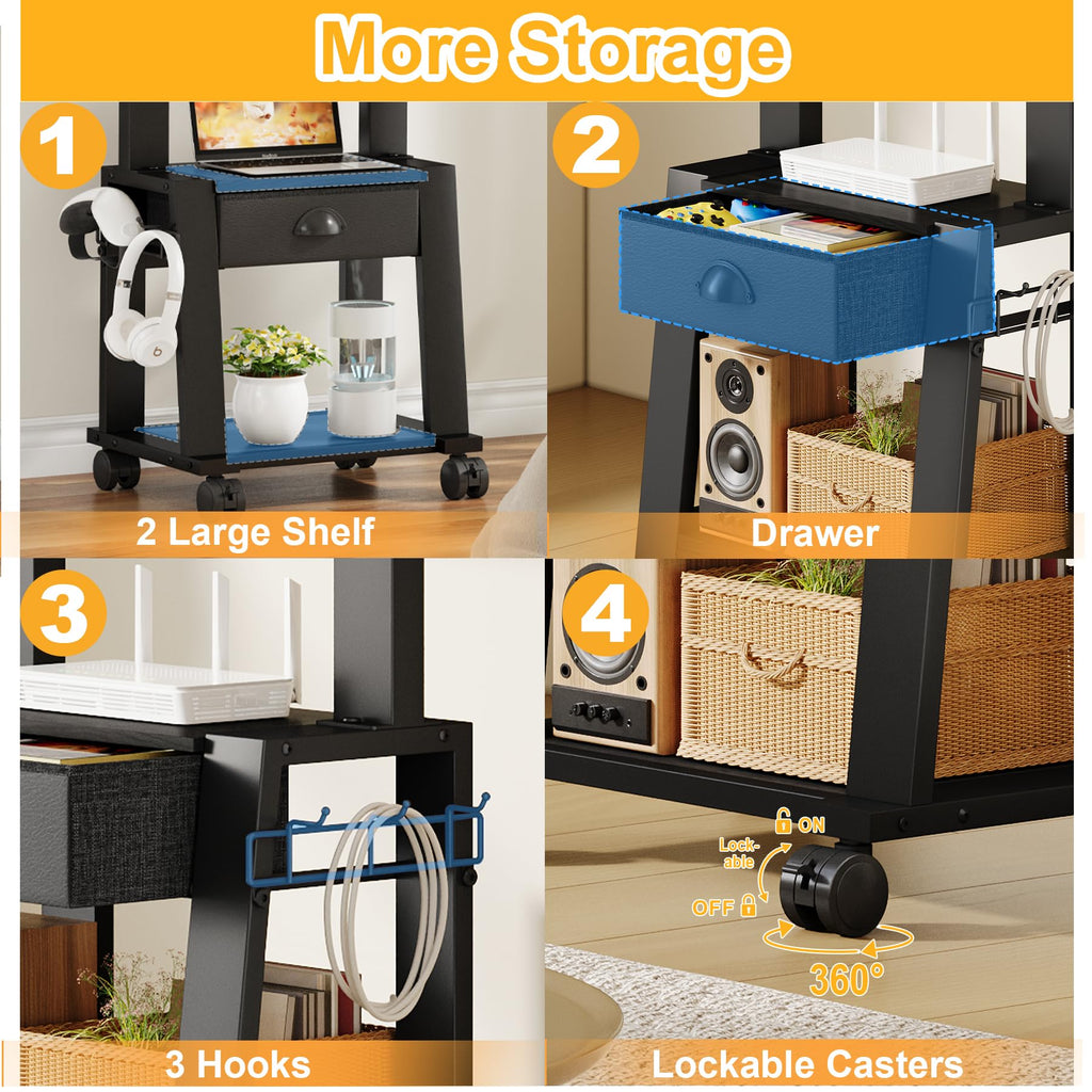 Rolling TV Stand with Storage for 23-60 Inch TVs, Height Adjustable Tilt Mobile TV Mount Cart with Drawer & 2 Shelves M872
