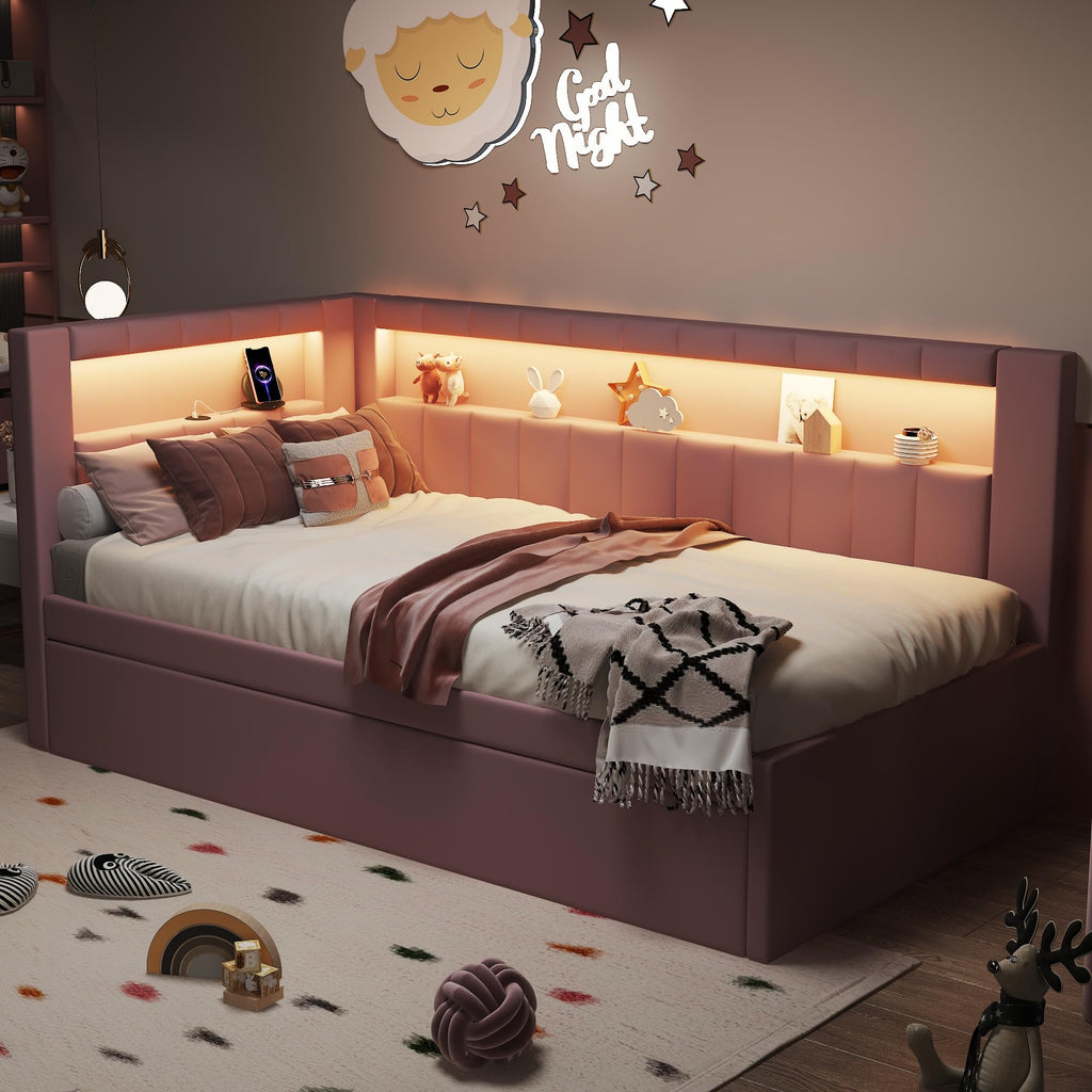Twin Size Upholstered Platform Bed with Trundle and USB Ports G372225