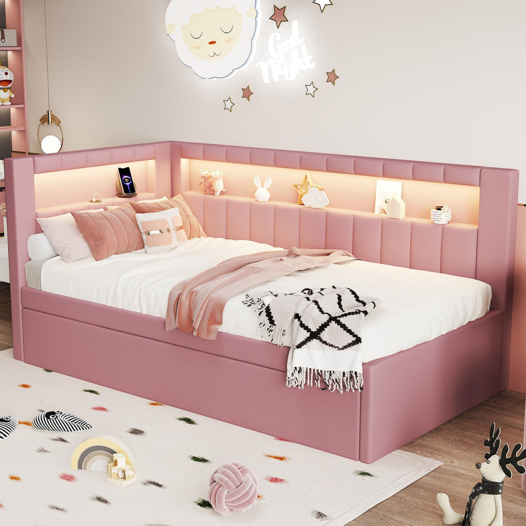 Twin Size Upholstered Platform Bed with Trundle and USB Ports G372225