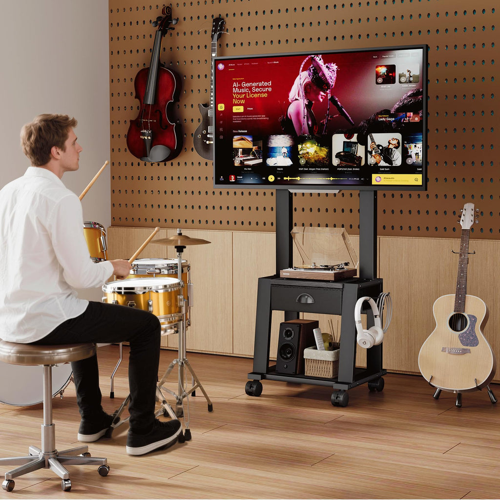 Rolling TV Stand with Storage for 23-60 Inch TVs, Height Adjustable Tilt Mobile TV Mount Cart with Drawer & 2 Shelves M872