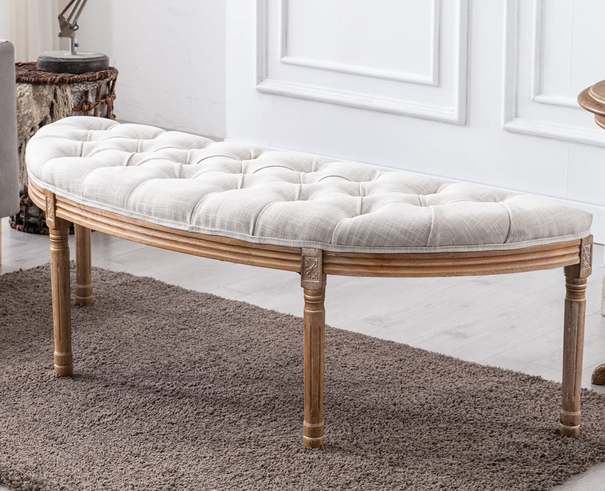 55" Upholstered Tufted Fabric Bench with Rubber Wood Legs, Beige A776250