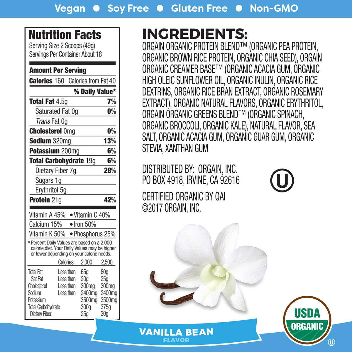 Organic Vegan Protein Powder + Greens Vanilla Bean L712
